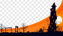 Mock Up Halloween 2020. City Panorama In Halloween Style. Scary Halloween Isolated Background. Orange And Yellow Background. Vector Illustration.