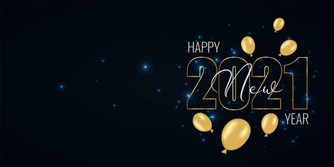 Wall Mural - Happy New Year 2021 and Merry Christmas greeting card with empty space for greeting text. Golden numbers and air balloon on black background with glowing stars light. Vector illustration