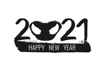 Wall Mural - 2021 Happy New Year greeting card frame. Chinese ink brush black numeral calligraphy. Grunge number hand drawn font and black bull nose on white background. Vector illustration