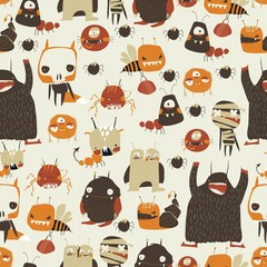 Wall Mural - Seamless pattern with cute colorful monsters on white background