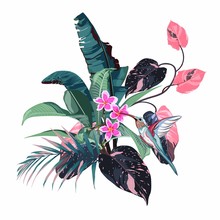 Composition With Blue Pink Flowers And Leaves Branch And Many Kind Of Exotic Plants And Palm Leaves. Hand Draw Watercolor Style Illustration. T Shirt Print.