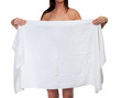 © Nobilior - Tanned woman holding a white towel and covering herself, isolated on white background