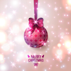 Sticker - Purple Christmas bauble on light background. Vector illustration. Christmas ball with bow. Sparkles. Place for your text message. Fashionable New year backdrop.