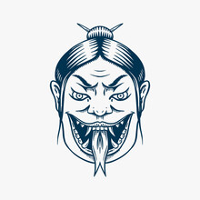 Japanese Female Geisha With Snake Tongue. Screaming Scary Woman. Chinese Mythological Or Asian Symbol For Tattoo Or Label. Engraved Hand Drawn Line Vintage Old Monochrome Sketch. Vector Illustration.