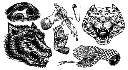 Set of Fashion patches. Tattoo artwork. Mystical magic hand. and snake. Esoteric Dagger, Leopard and wolf. Engraved hand drawn vintage sketch. Vector surreal illustration, badges, print for t-shirt.