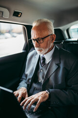 Wall Mural - Good looking senior business man sitting on backseat in luxury car. He using his laptop and reacting emotionally. Transportation in corporate business concept.