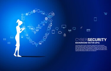 Poster - Silhouette woman use mobile phone and Protection shield icon from multiple icon. concept of guard security and safety