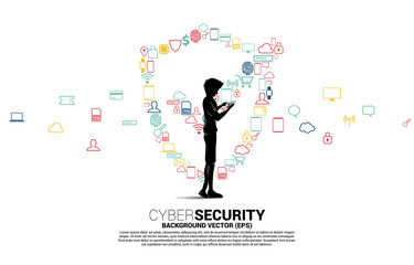 Poster - Silhouette man use mobile phone and Protection shield icon from multiple icon. concept of guard security and safety
