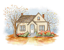 Autumn Landscape With Country House, Lawn And Trees Isolated On White Background. Watercolor Hand Drawn Illustration