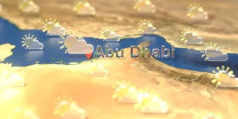 Wall Mural - Partly cloudy weather icons near Abu Dhabi city on the map, weather forecast related 3D rendering