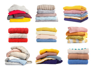 set of folded and stacked sweaters on white background