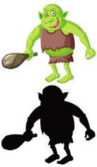 Poster - Goblin or troll in color and silhouette in cartoon character on white background