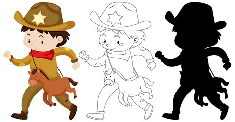 Poster - Kids wearing cowboy costume with its outline and silhouette