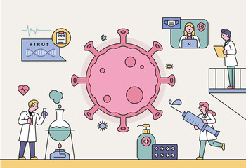 Wall Mural - scientists are developing a coronavirus vaccine in their lab. flat design style minimal vector illus