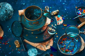 Wall Mural - Astrology, astronomy concept with meteor, stars and scrolls on a starry night background