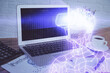 © peshkova - Computer on desktop with AR theme icon. Multi exposure. Concept of augmented reality.