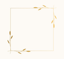 Squared Frame With Nature Elements. Hand Drawn  Golden Borders. Card Template With Plants. Vector Isolated Illustration.