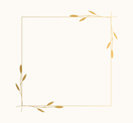 Wall Mural - Squared frame with nature elements. Hand drawn  golden borders. Card template with plants. Vector isolated illustration.