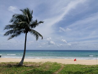 Sea view from tropical beach with sunny sky. Summer paradise beach of Bali island. Tropical shore. Tropical sea in Bali. Exotic summer beach with clouds on horizon. Ocean beach relax, outdoor travel