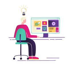 Aufkleber - Male sit at desk with computer and watching pictures, videos or sites in internet vector flat illustration. Man with creativity and imagination looking ideas online isolated. Guy generating content