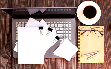 Poster - top view of an office desk with laptop and documents