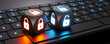 Black dice with closed and open lock symbols on keyboard - 3D illustration