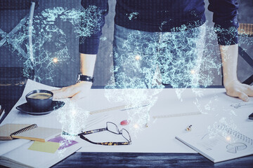 Poster - Man's hands working with notes background. Social networking concept.