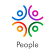 © teracreonte - Concepto trabajo en equipo. Logotipo lineal abstracto grupo de 4 personas con curvas y círculos en varios colores y palabra people