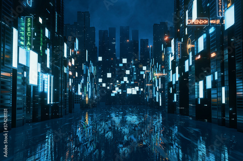 Fotomural 3D Rendering of billboards and advertisement signs at modern buildings in capital city with light reflection from puddles on street