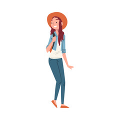 Sticker - Smiling Teenage Girl in Jeans, Jacket and Hat, Cheerful Schoolgirl, Classmate or Friend Character Wearing Fashionable Clothes Cartoon Style Vector Illustration