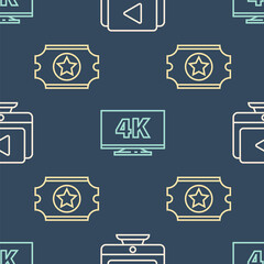 Set line Online play video, Cinema ticket and Screen tv with 4k on seamless pattern. Vector.