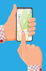 Poster - Modern smartphone with map and marker in hand. GPS navigation in phone with green and blue pointers. Tracking and location concept. Track app on touch screen. Cartoon flat vector illustration
