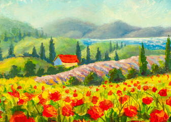 Wall Mural - Painting Country houses on beautiful slopes in meadows. Summer sunny positive landscape fine art. Oil painting on canvas.