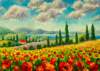 Wall Mural - Beautiful Landscape with Poppies Flowers. Chianti Tuscany Italy colorful landscape oil painting