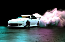 White Luxury Sports Car Drifting With Smoke On Neon Illuminated Road At Night. 3D Rendering.