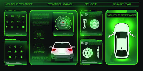 Poster - Car service. Holographic user panel with vehicle display. Electric vehicle control and diagnostics with HUD, GUI, UI user interface. Whole car electronics