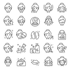 Wall Mural - Facial skin care, icon set. The woman applies products for healthy skin, linear icons. Gram, mask, cosmetics for young elastic skin. Line with editable stroke