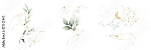 Fotografía Watercolor design with leaves and hands