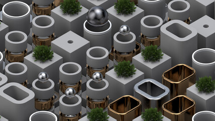 Poster - Abstract 3d render background with metallic elements, spheres, realistic plants. Modern isometric composition. Rich textures...