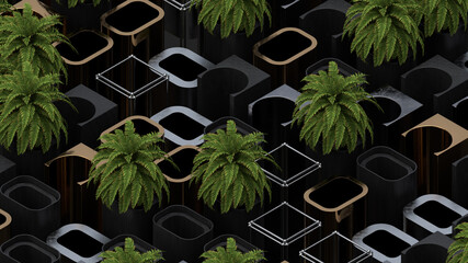 Poster - Abstract 3d render background with metallic elements, spheres, realistic plants. Modern isometric composition. Rich textures...
