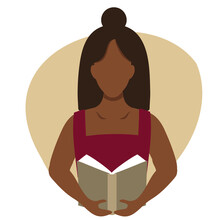 Vector Flat Illustration Of A Black Woman Reading A Book. Education, Training, Book Lovers Club Infographics, Central Illustration. An African American Woman Holds A Book In A Flat Style