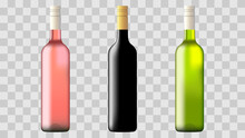 Rose, Red, White Wine Bottles. Vector Illustration.