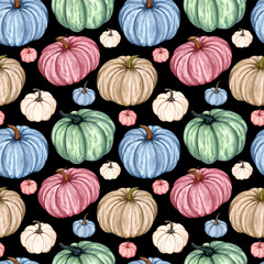 Wall Mural - Watercolor pumpkins seamless pattern. Hand drawn autumn pumpkin with floral twigs. Fall background.