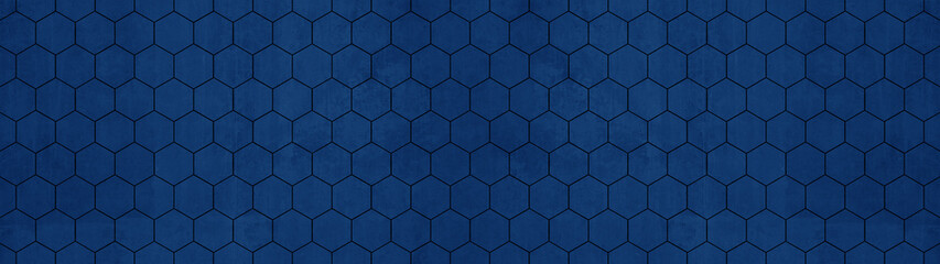 Poster - Abstract seamless dark phantom blue indigo concrete cement stone tile wall made of hexagonal geometric hexagon print texture background banner panorama