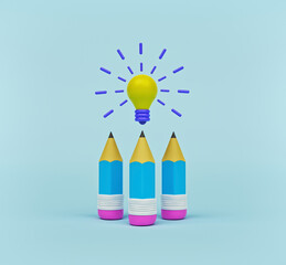 Fototapete - pencils and idea bulb. minimal poster design. 3d rendering