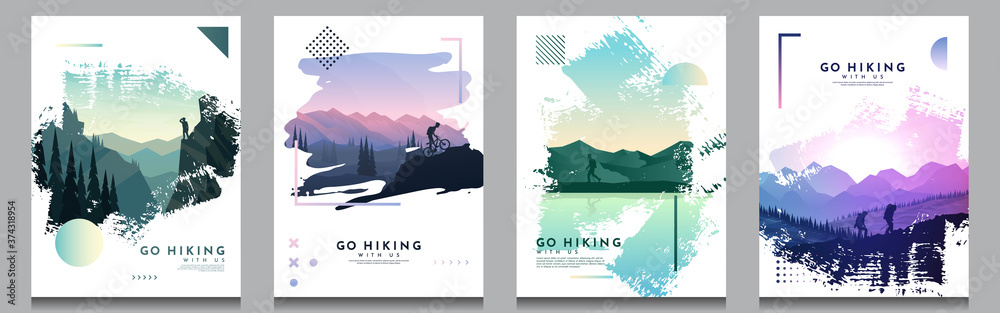 Vector brochure cards set. Travel concept of discovering, exploring and observing nature. Hiking. Adventure tourism. Flat design template of flyer, magazine, book cover, banner, invitation, poster. - obrazy, fototapety, plakaty 