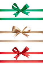 a gold, red and green ribbon and bow christmas and birthday present decoration set isolated against 