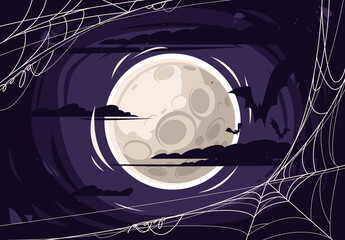 Wall Mural - vector illustration of the moon in a dark sky with clouds and bats silhouettes, web in the foregroun