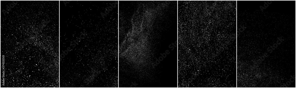 Set of distressed white grainy texture. Dust overlay textured. Grain noise particles. Snow effects pack. Rusted black background. Vector illustration, EPS 10.    - obrazy, fototapety, plakaty 