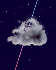 Poster - cloud, laser beam and stars in the night sky. 3d render / rendering.